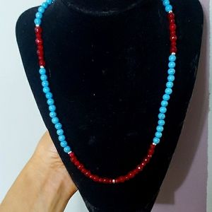 Handmade - Turquoise & Ruby Sterling Silver Necklace